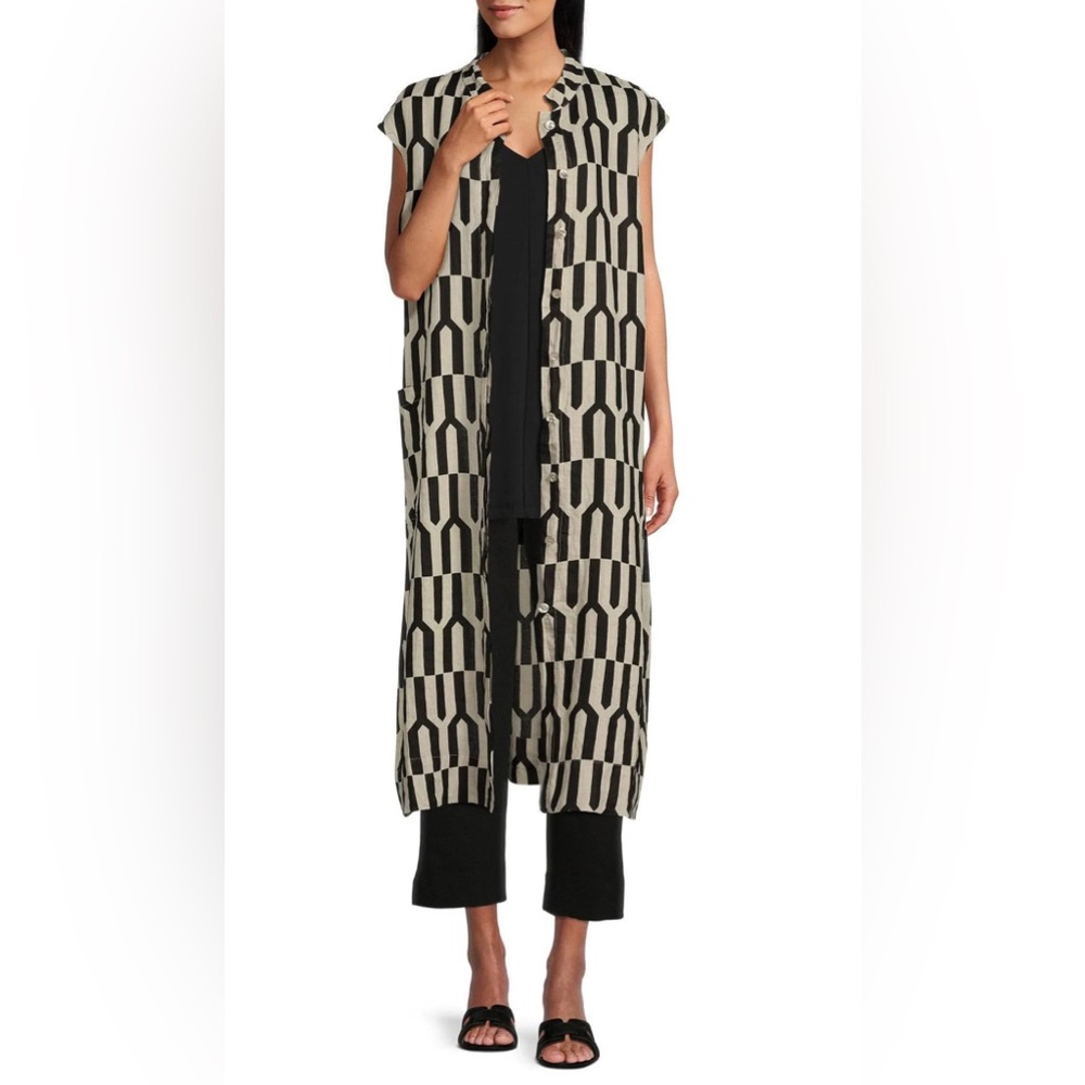 Bryn Walker Keaton Vest Dress XL Geo Print Mandarin Collar Lagenlook Midi NWOT